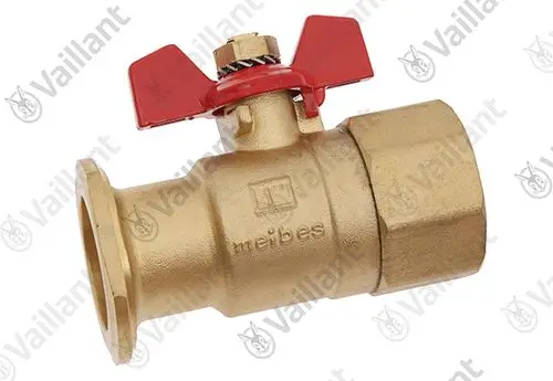 Edelstahl-Wartungshahn mit rotem Handgriff, flanschförmig am unteren Ende, für den Einsatz in Heizungsinstallationen von Vaillant.